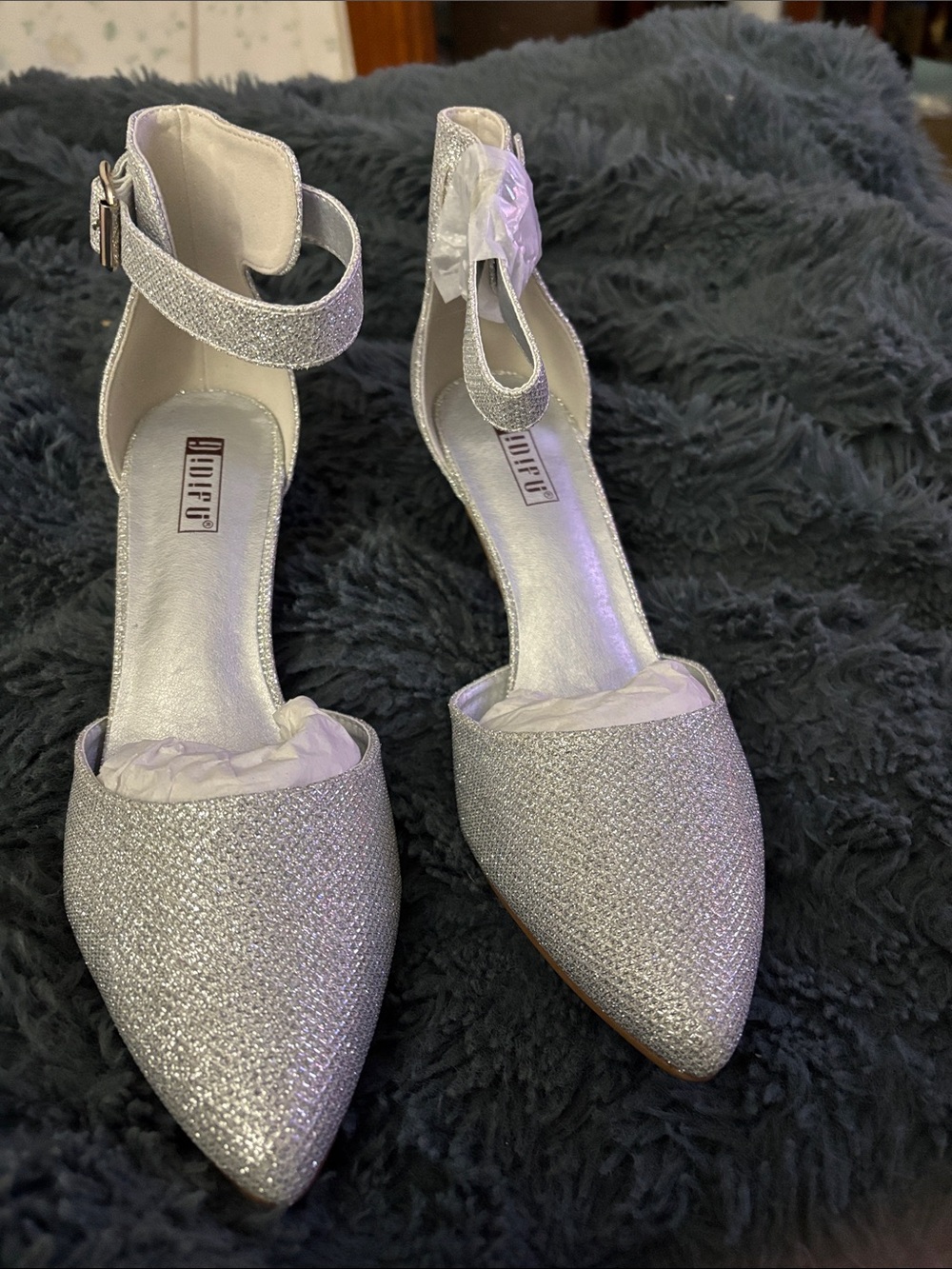 IDIFU Silver Glitter Pointed Ankle-Strap Heels SZ 8